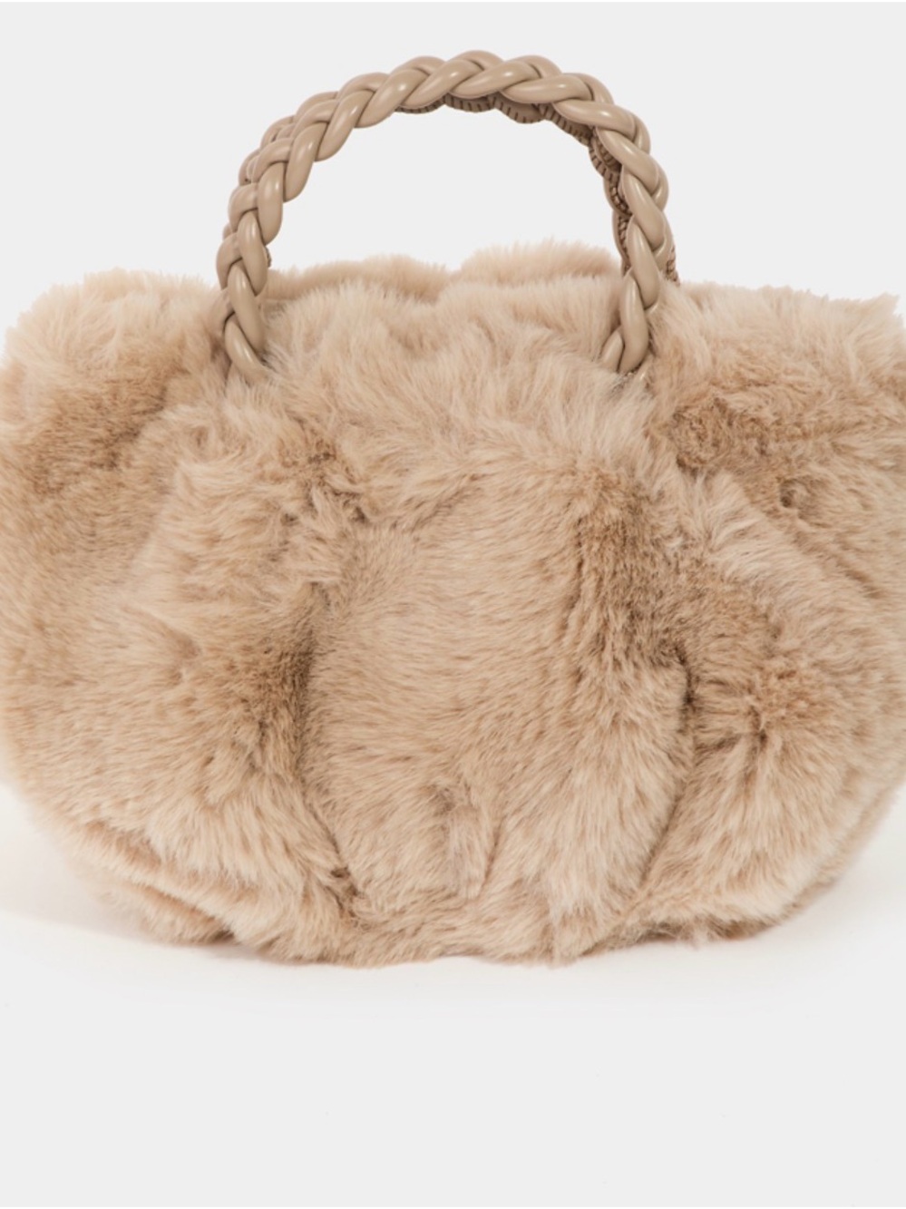 Plush Braided-Handle Faux Fur Tote in Beige